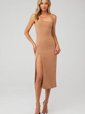 Bardot Tan Square-Neck Midi Dress with Thigh Slit